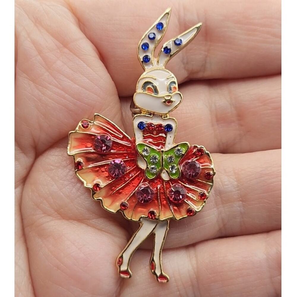 Bunny Rabbit Brooch Party Dress and Butterfly Rhinestone & Enamel Quirky